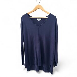 Grace & Lace Navy Cashmere Blend V-neck Fine Lightweight Knit Hi-Low Hem Sweater